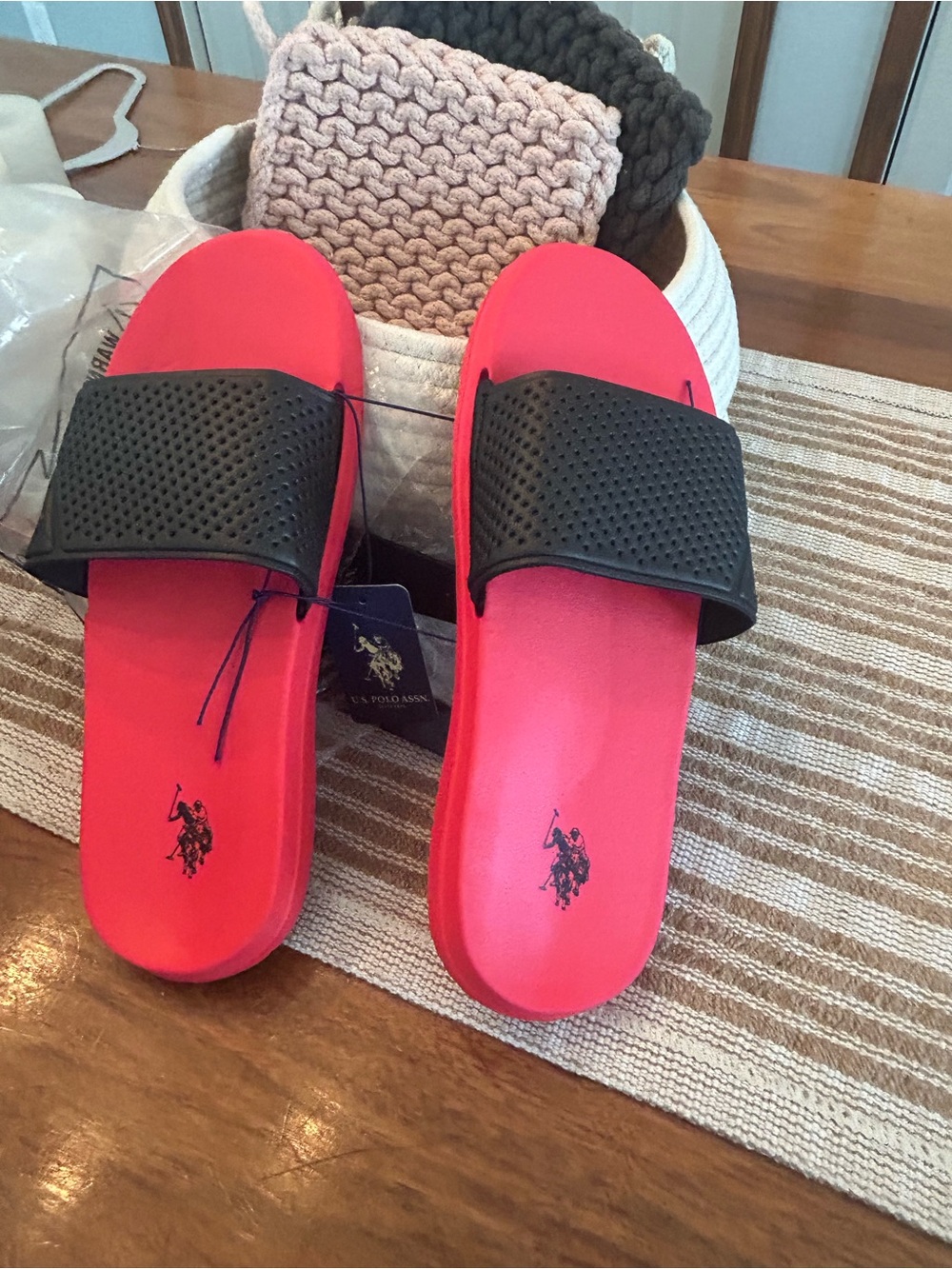 U.S. Polo Assn. Red Slide Sandals with Black Accents